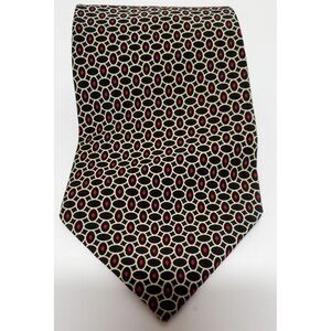 Krizia Uomo Necktie Made in Italy Black/Cream/Red Oval Geometric 100% SilkTie